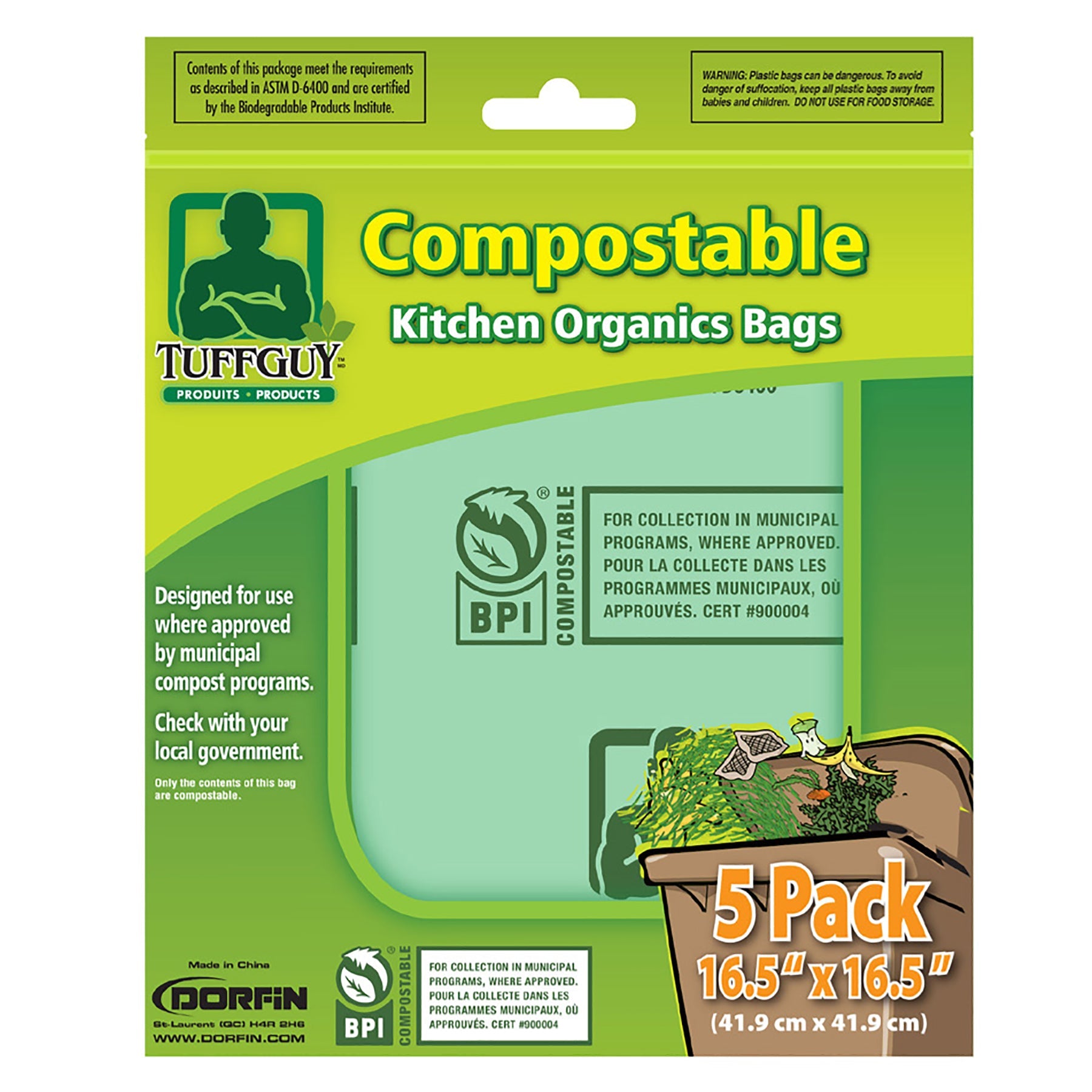 Tuff Guy 5 Kitchen Organics Bags Compostable 16.5x16.5in 