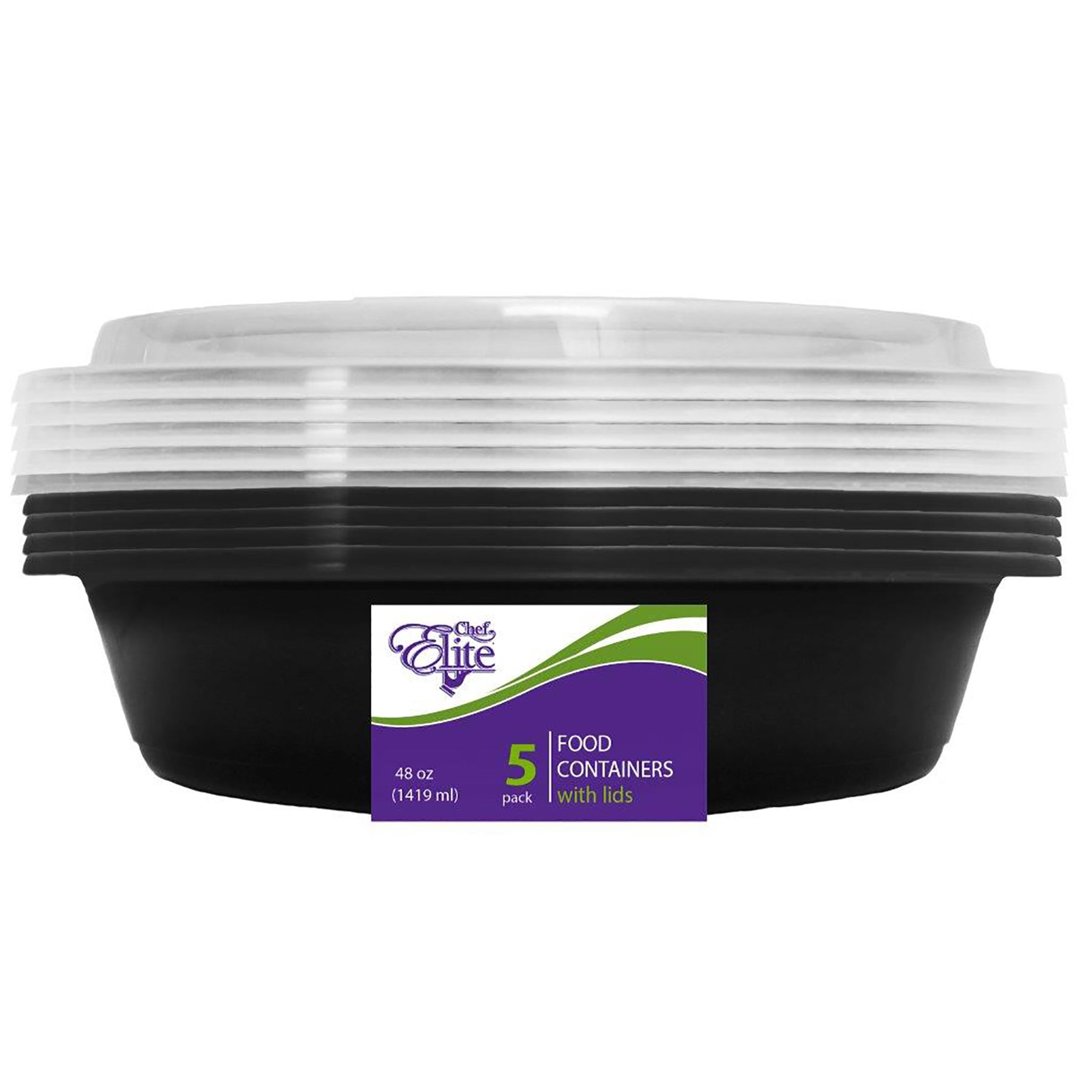 Chef Elite 5 Containers with Lids Black Round Plastic 48oz