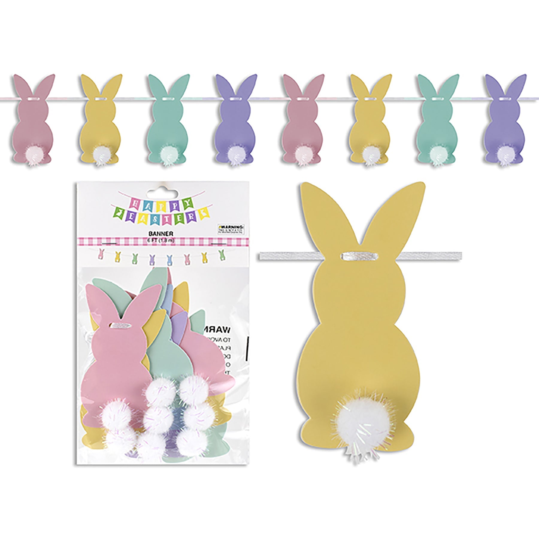 Easter 8 Die-Cut Bunnies with Tip-on Iridescent Pom Pom Tail Paper Garland 72in