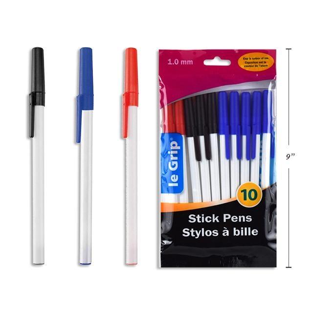 10 Pc Stick Ball Pens Asst Colours 5 X Blue + 3 X Black + 2 X Red - Dollar Max Depot