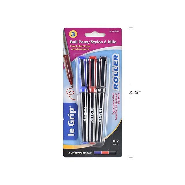 3 Pc Roller Pens Metal Clip 0.7Mm Tip Black Blue Red Ink - Dollar Max Depot