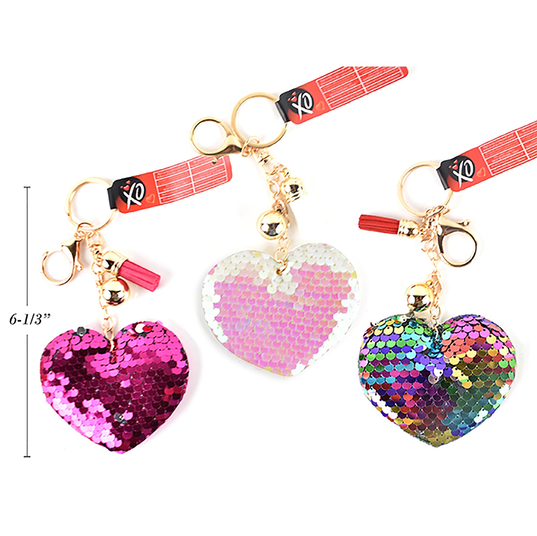 Valentine Sequin Heart Keychain 6.4in Tassel Heart Size: 3.3x2.75in 