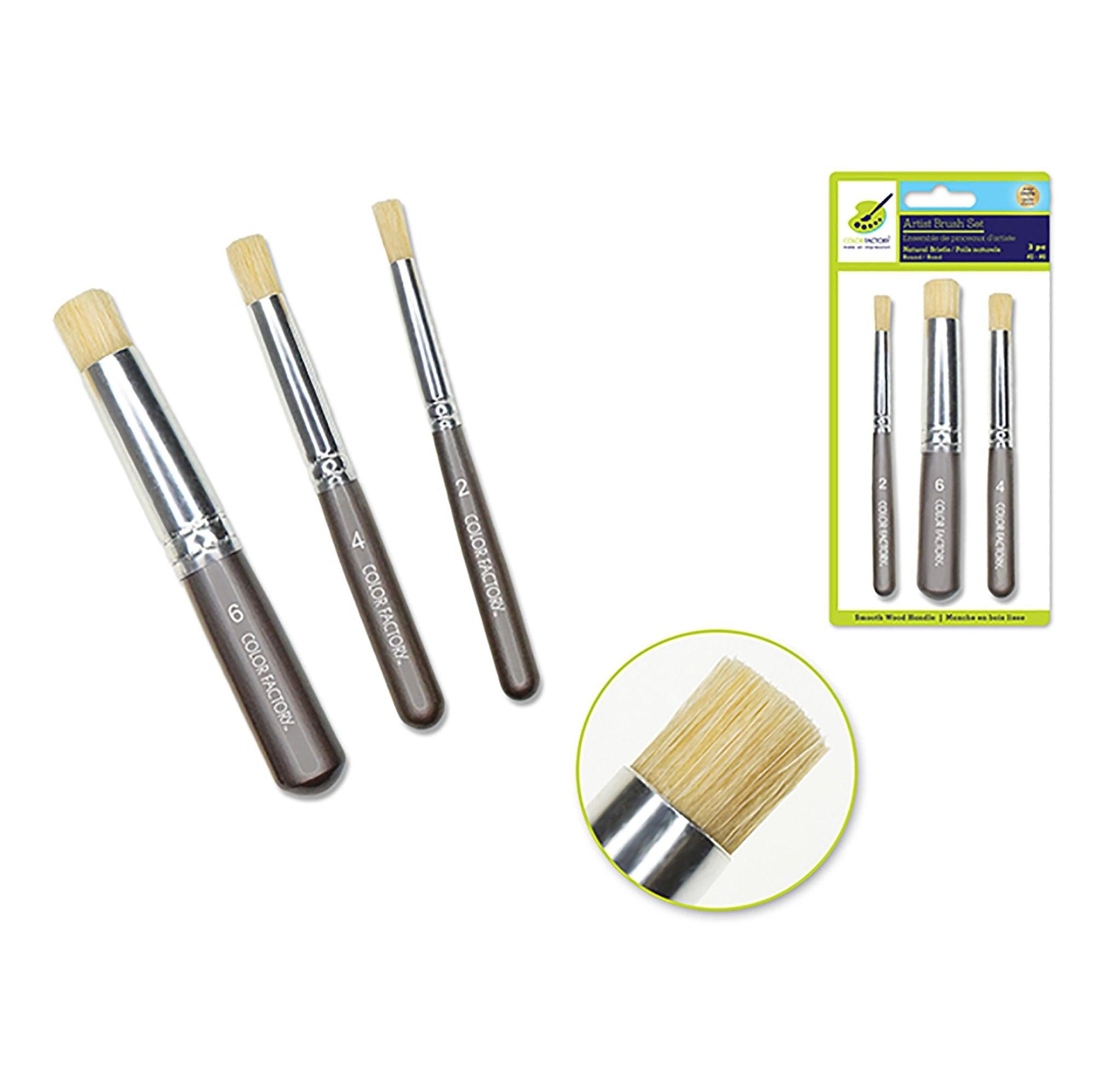 Artist Brush Set: 'Stubbies' Smooth Handle Bristle x3 Wood Handle A) Round #2/4/6 - Dollar Max Depot