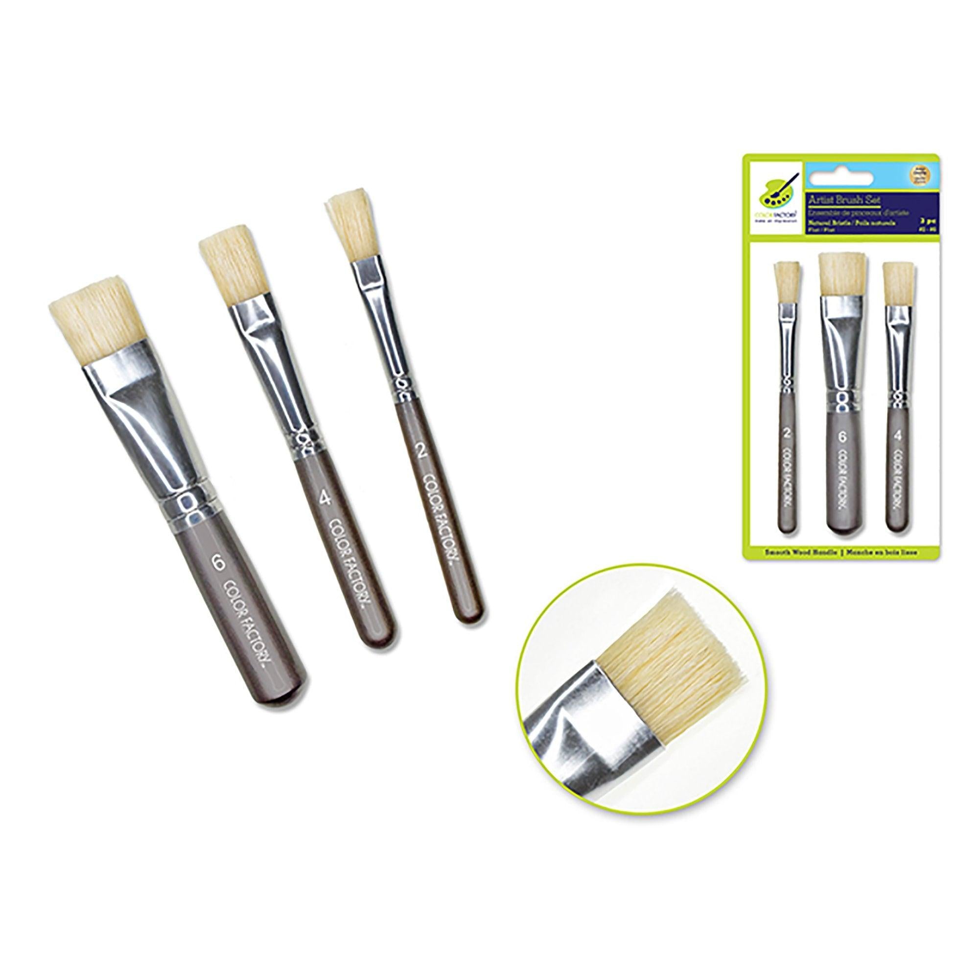 Artist Brush Set: 'Stubbies' Smooth Handle Bristle x3 Wood Handle B) Flat #2/4/6 - Dollar Max Depot
