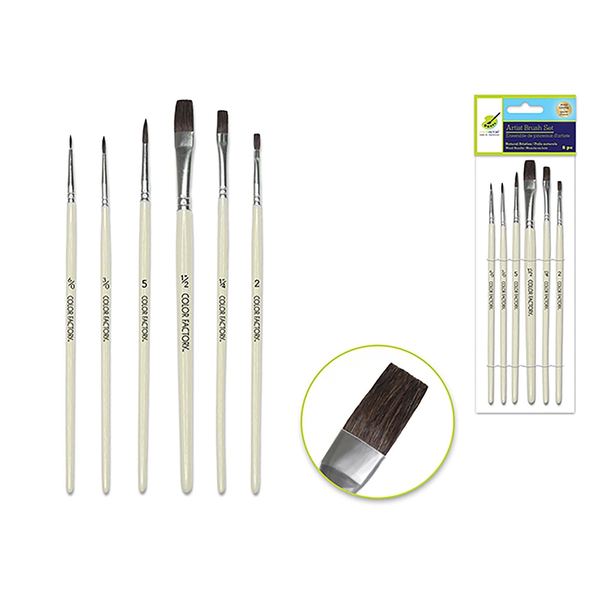 Artist Brush Set: Natural Bristle Multi Pack x6 Watercolor  Wood Handle - Dollar Max Depot