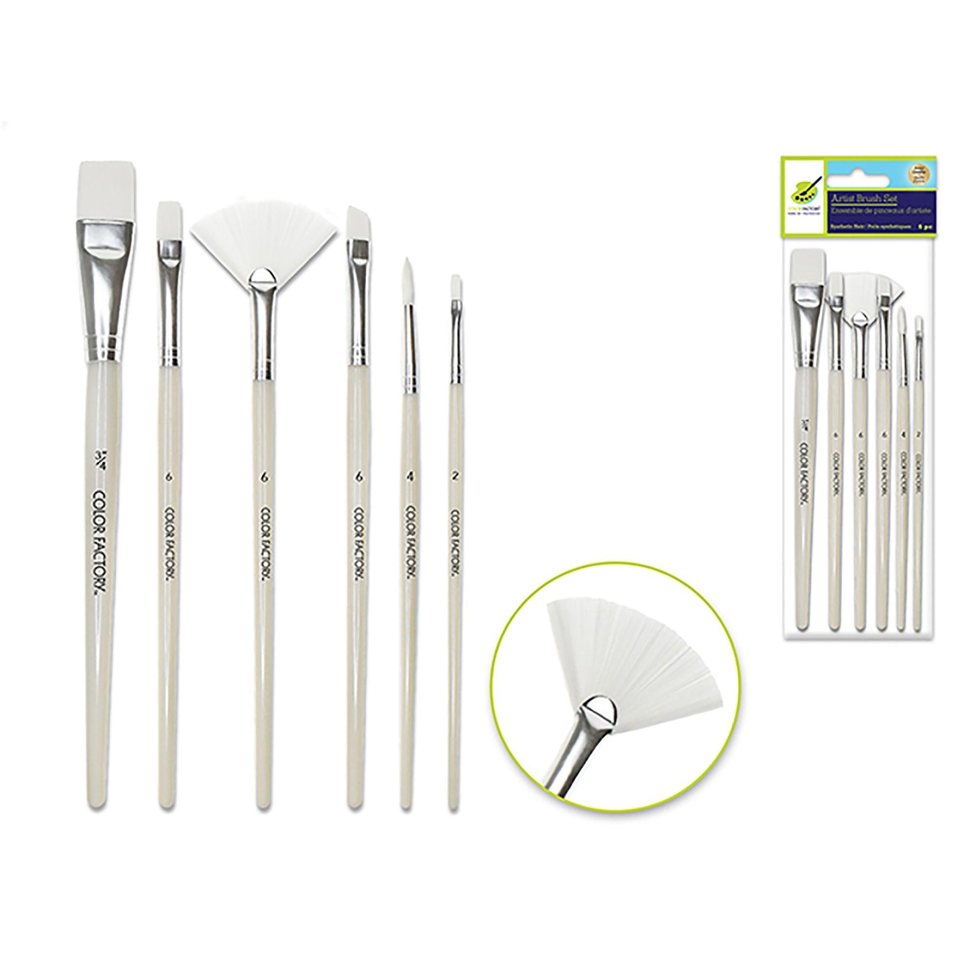 Artist Brush Set: White Synthetic Hair Variety Pack x6 Plastic Handle A) Multi Set 1 - Dollar Max Depot