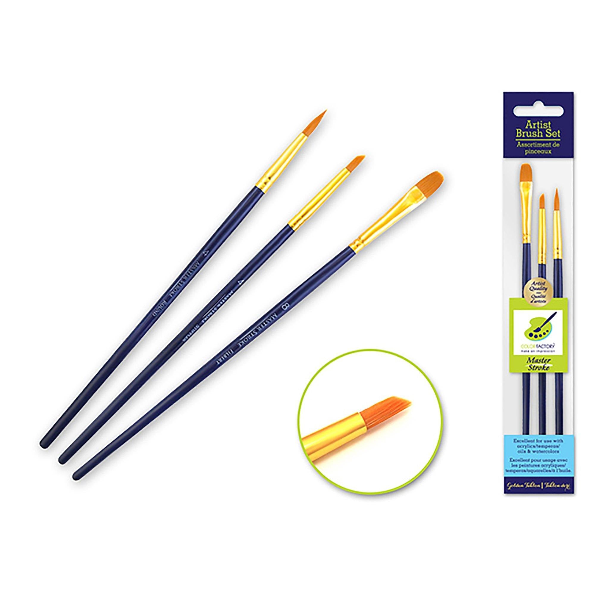 Fil #8 + Rnd #4 + Stip #4 Artist Brush Set: Master Stroke Set X3 Versatility1 Goldennylon - Dollar Max Dépôt