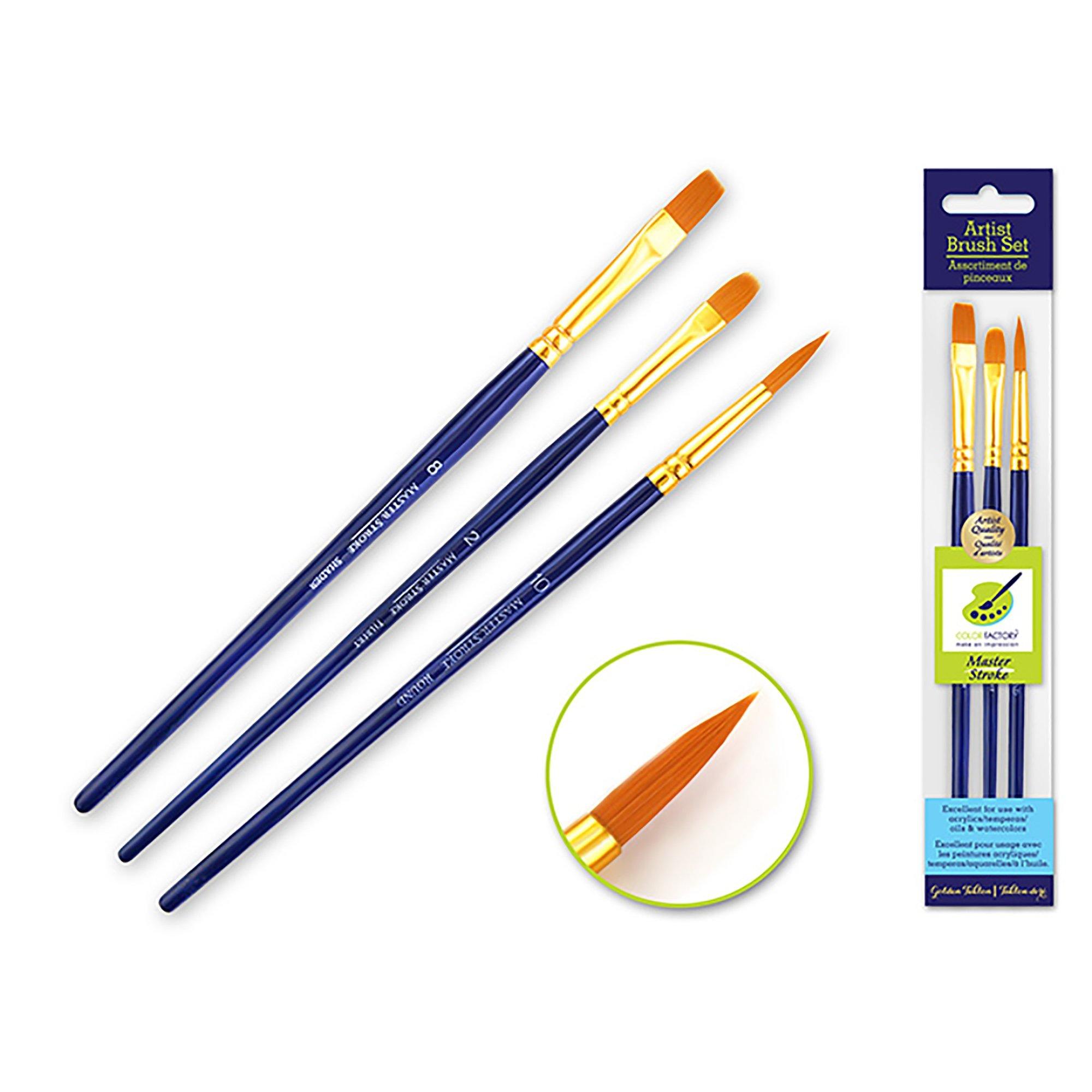 Flat #8 + Rnd #10 + Fil #2 Artist Brush Set: Master Stroke Set X3 Versatility2 Goldennylon - Dollar Max Dépôt