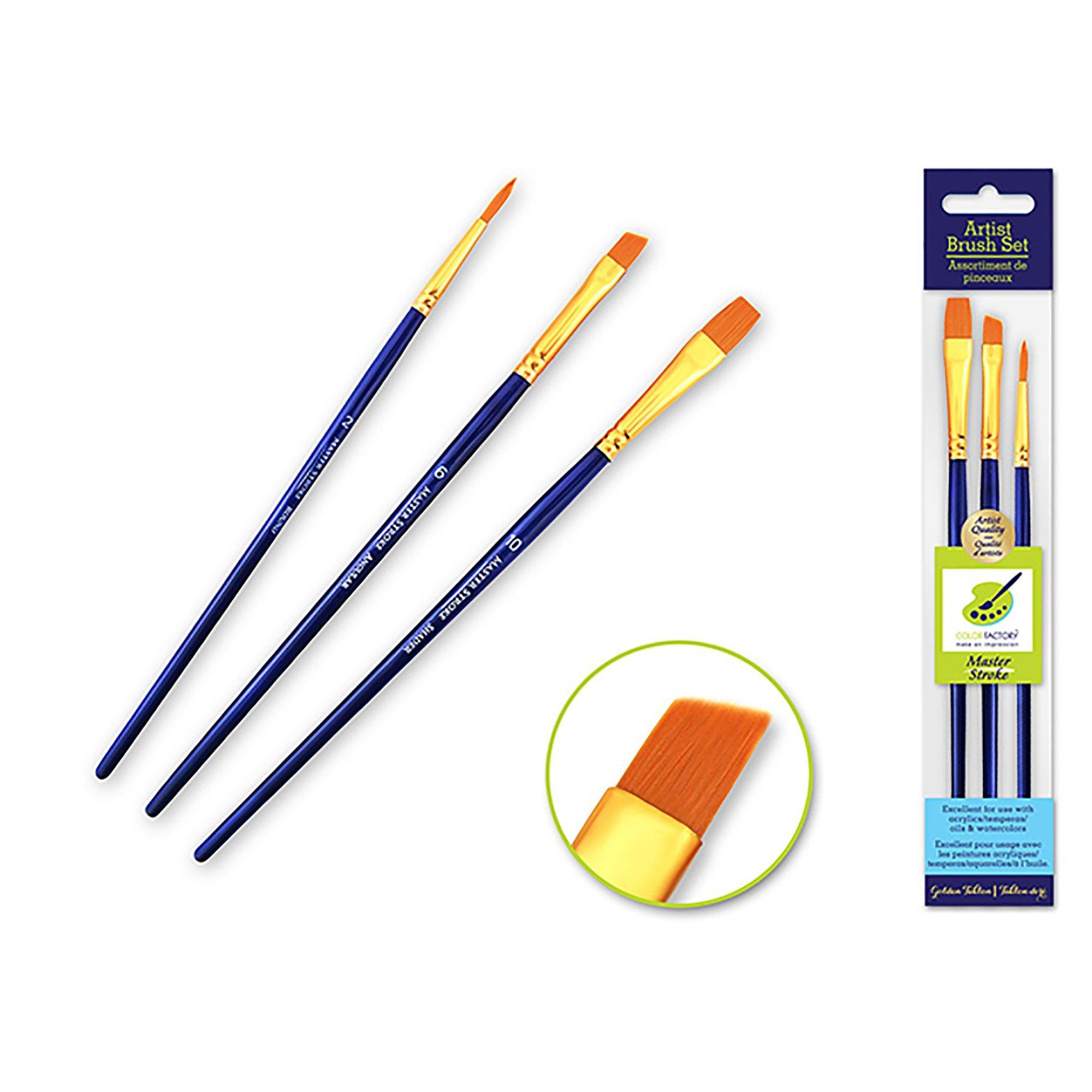 Flat #10 + Rnd #2 + Ang #6 Artist Brush Set: Master Stroke Set X3 Classic2 Goldennylon - Dollar Max Dépôt