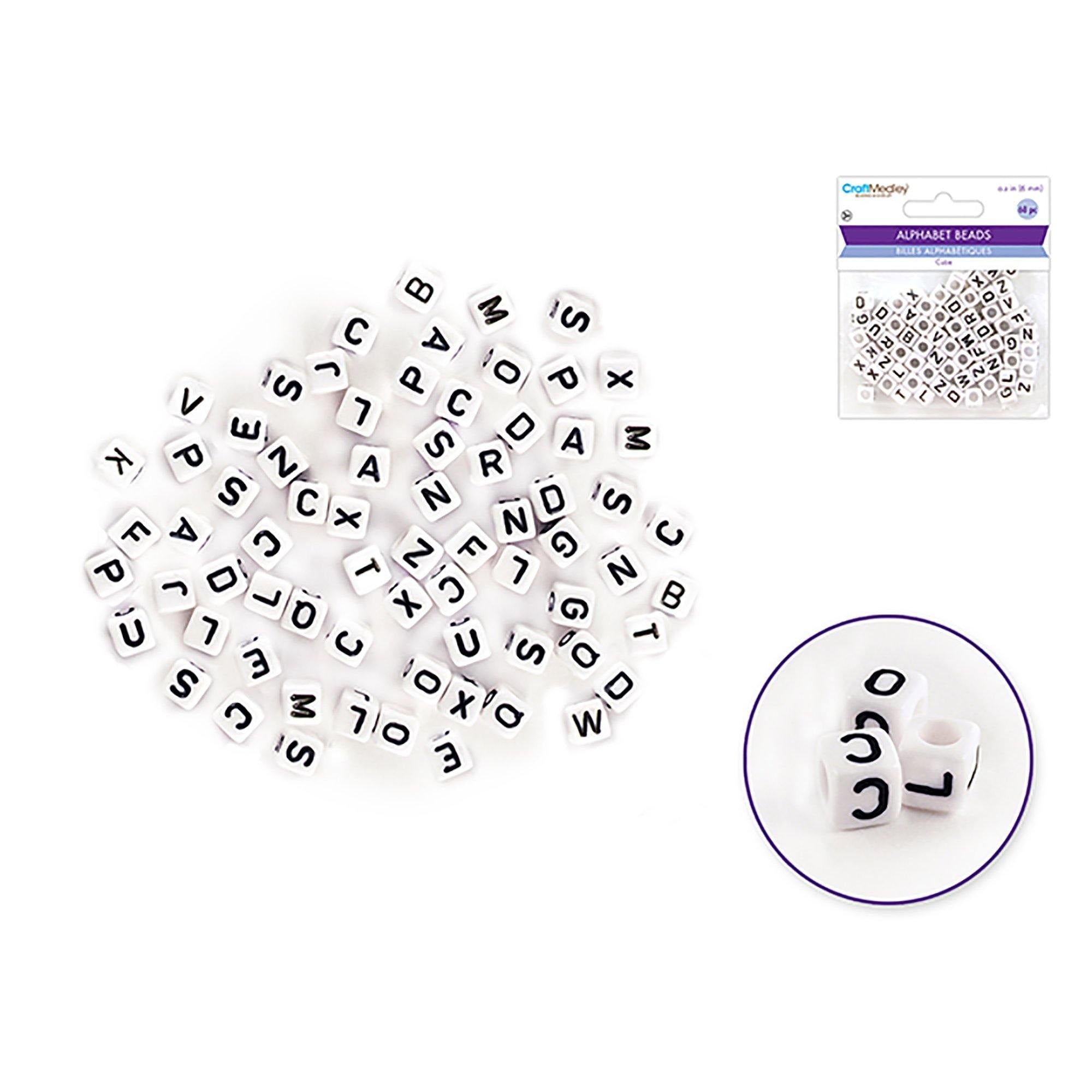 White W / Black Letters Alphabet Beads : 6Mm Cube X68 - Dollar Max Dépôt