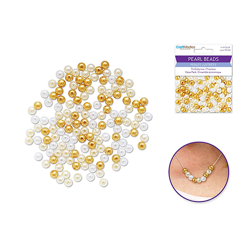 Gold Pearl Beads : 8Mm Gloss Tri-Colormix 35Gms - Dollar Max Dépôt