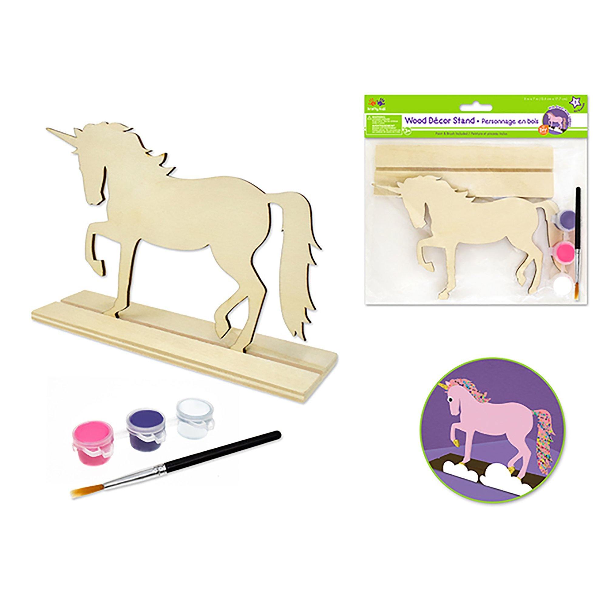 Unicorn Krafty Kids Kit: 18X15Cm Diy Wood Stand-Ups W/3 Paint Pots+Brush - Dollar Max Dépôt