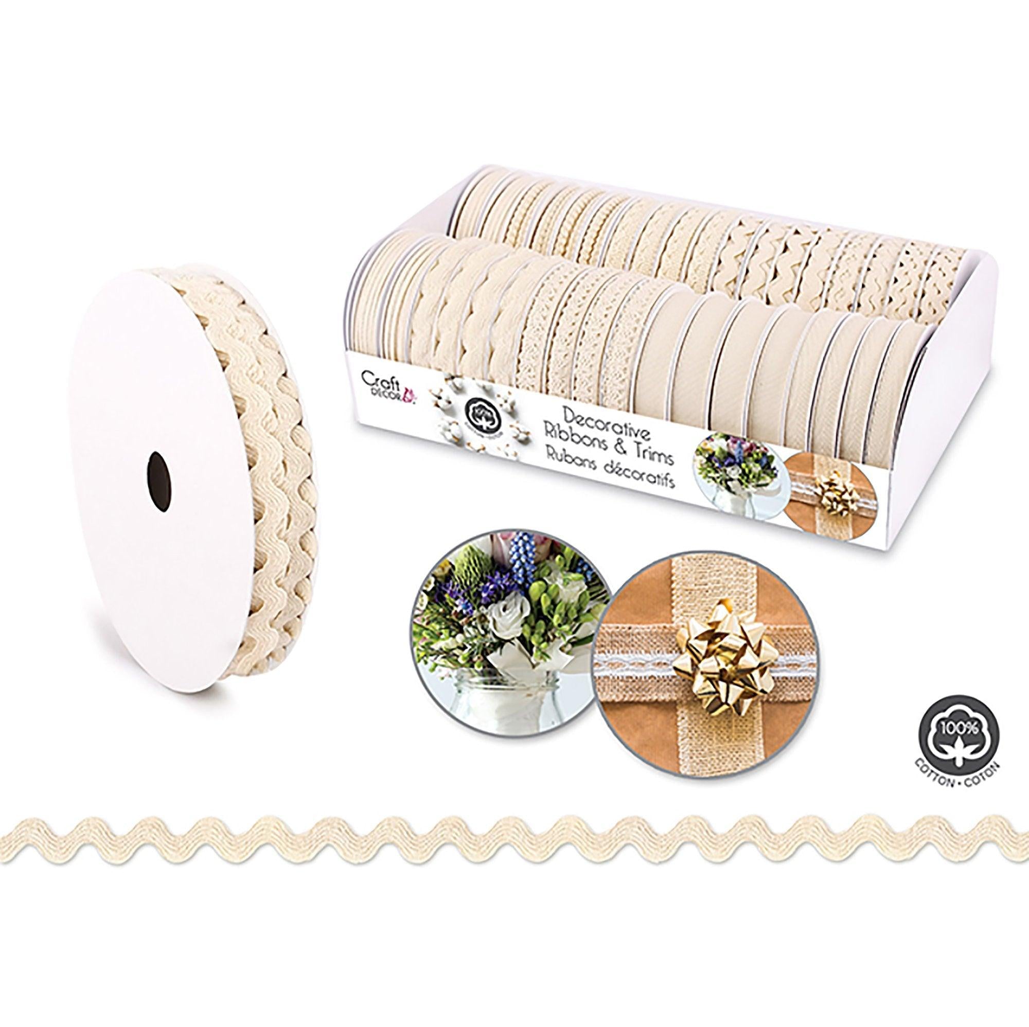 Craft Décor Ribbons & Trims: 100% Cotton 3yd Rolls x36 Asst PDQ A) Ivory Medley - Dollar Max Depot