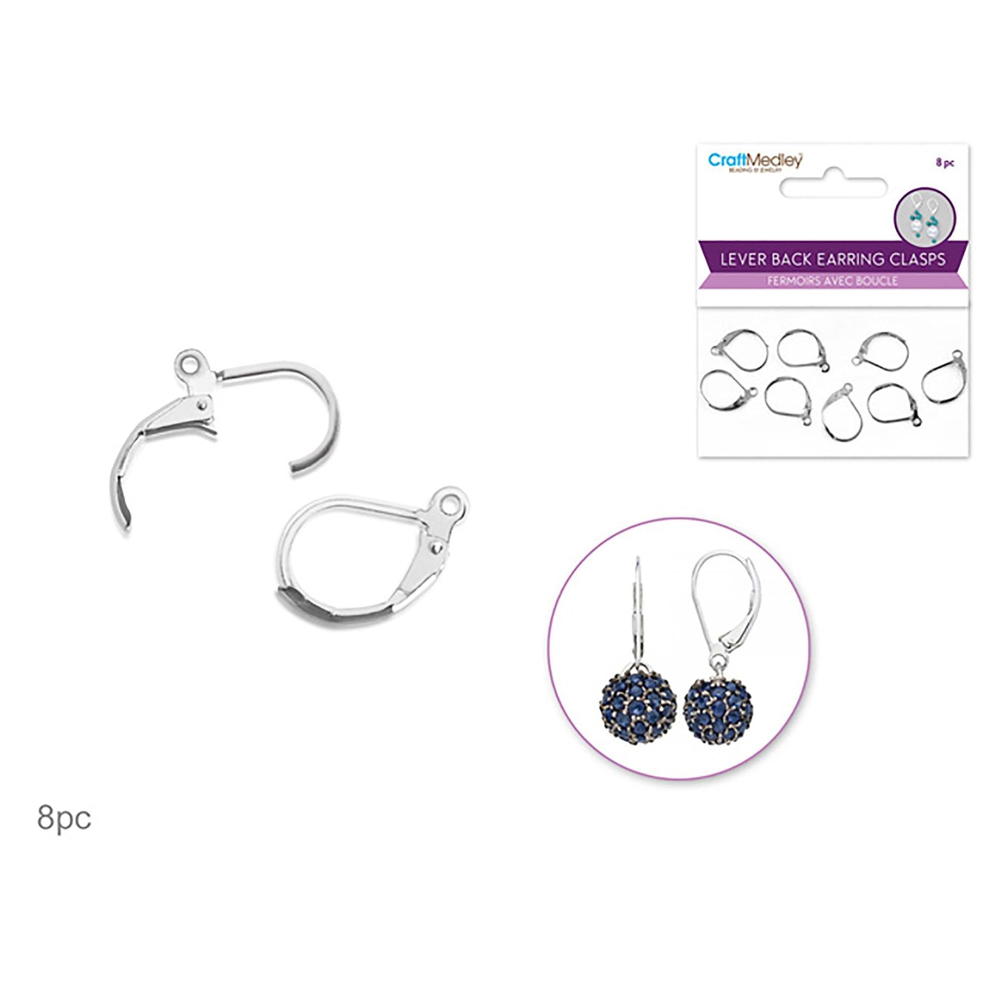 Silver Jewelry Findings: 15Mmx11Mm Lever Back Earring Clasp X8 W/Loop - Dollar Max Dépôt