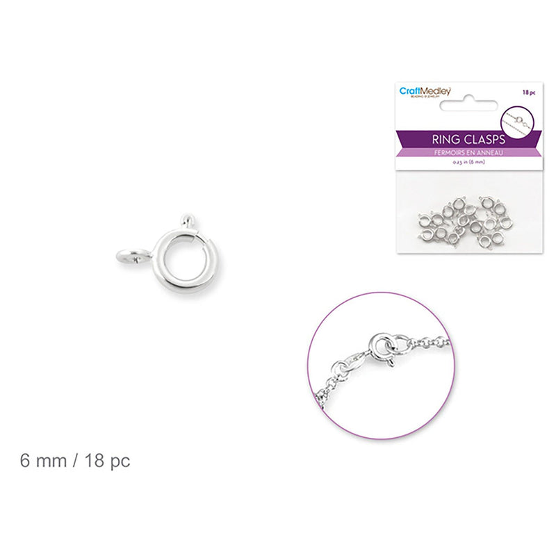 Jewelry Findings: 6Mm Ring Clasp X18 W/Spring Silver - Dollar Max Dépôt
