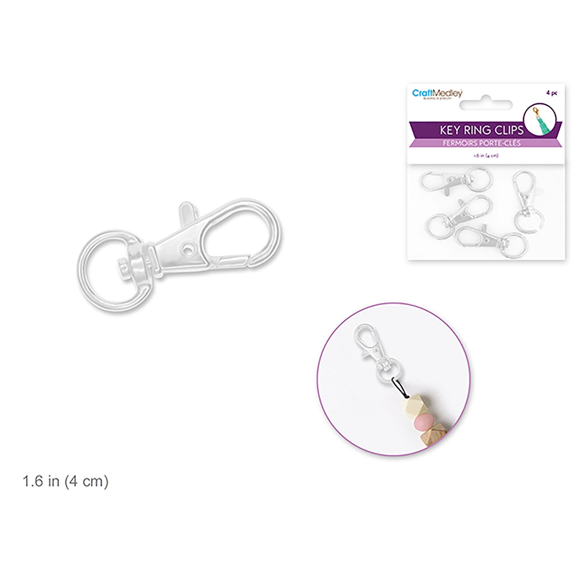 Silver Jewelry Findings: 1.63" Key Ring Clip X4 W/Swivel Ring - Dollar Max Dépôt