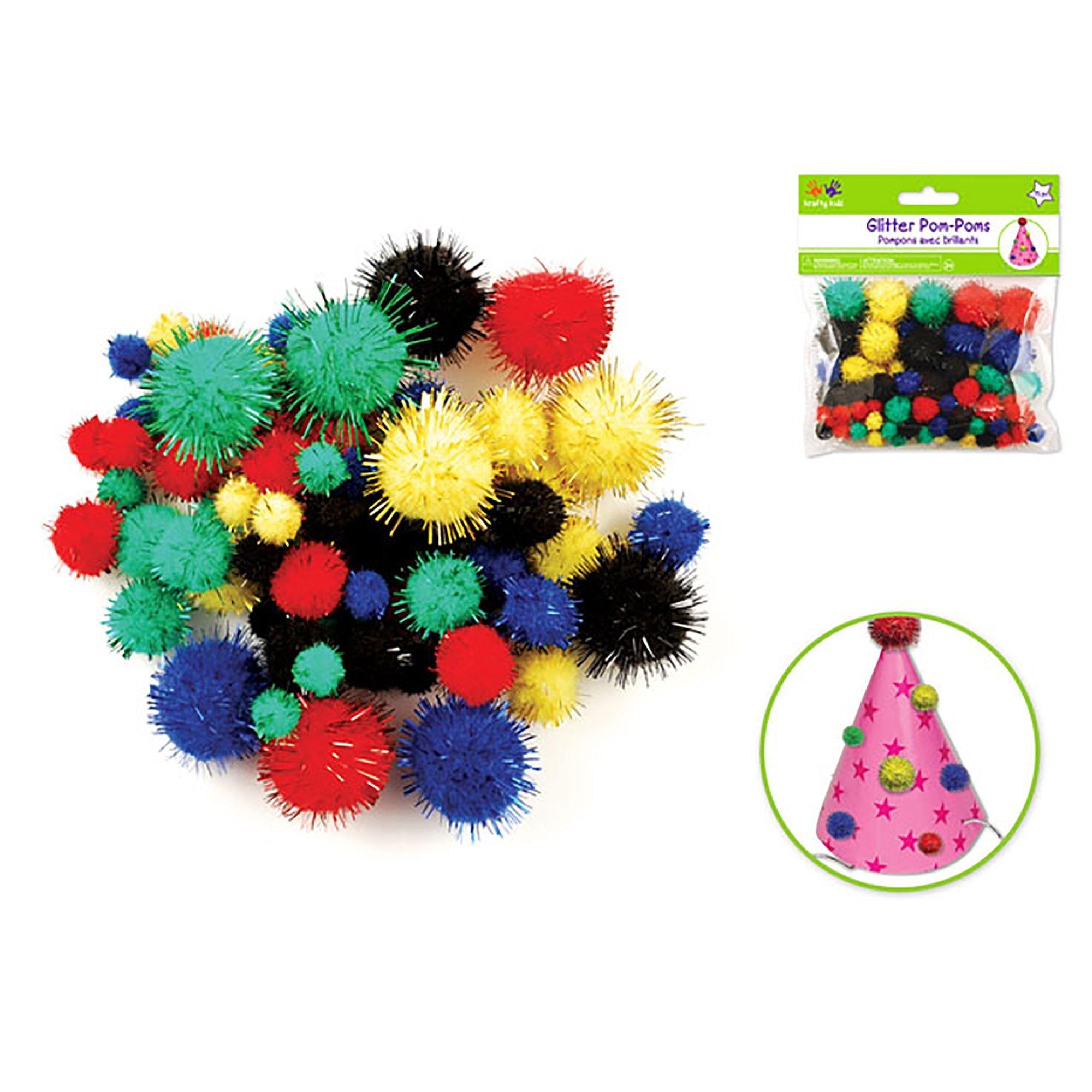 Krafty Kids: Pom-Poms Glitter Pack X75 Primary Colors Asst Sizes - Dollar Max Dépôt