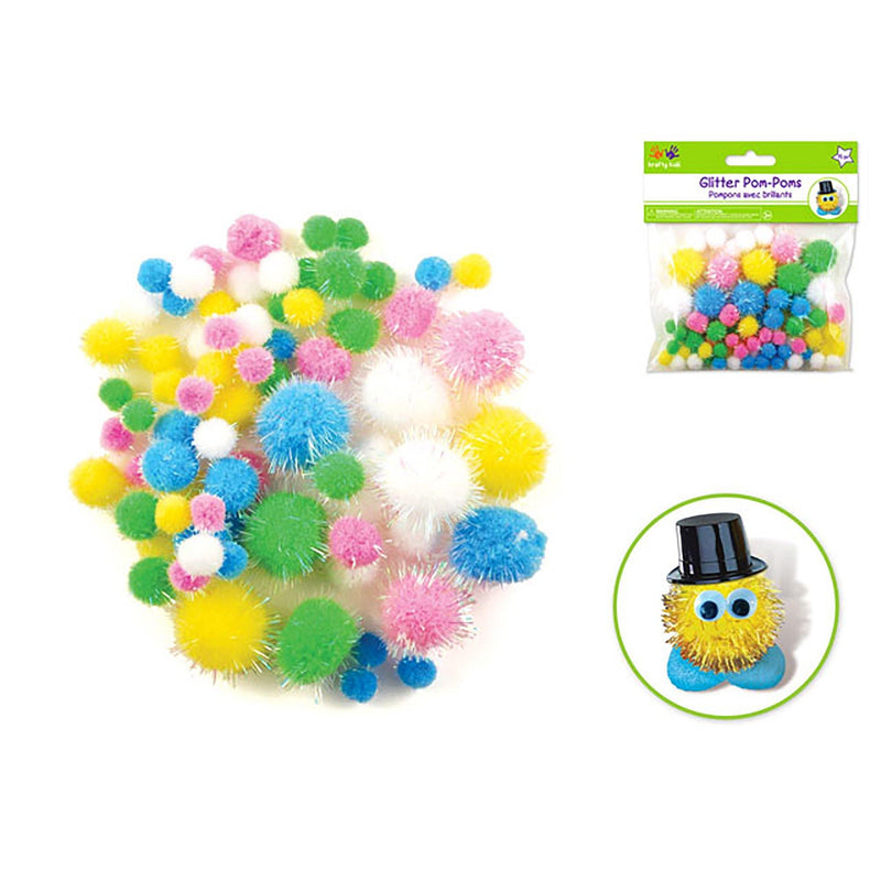 Krafty Kids: Pom-Poms Glitter Pack X75 Pastel Colors Asst Sizes - Dollar Max Dépôt