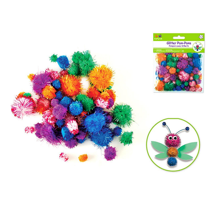 Krafty Kids: Pom-Poms Glitter Pack X75 Glamour Colors Asst Sizes - Dollar Max Dépôt