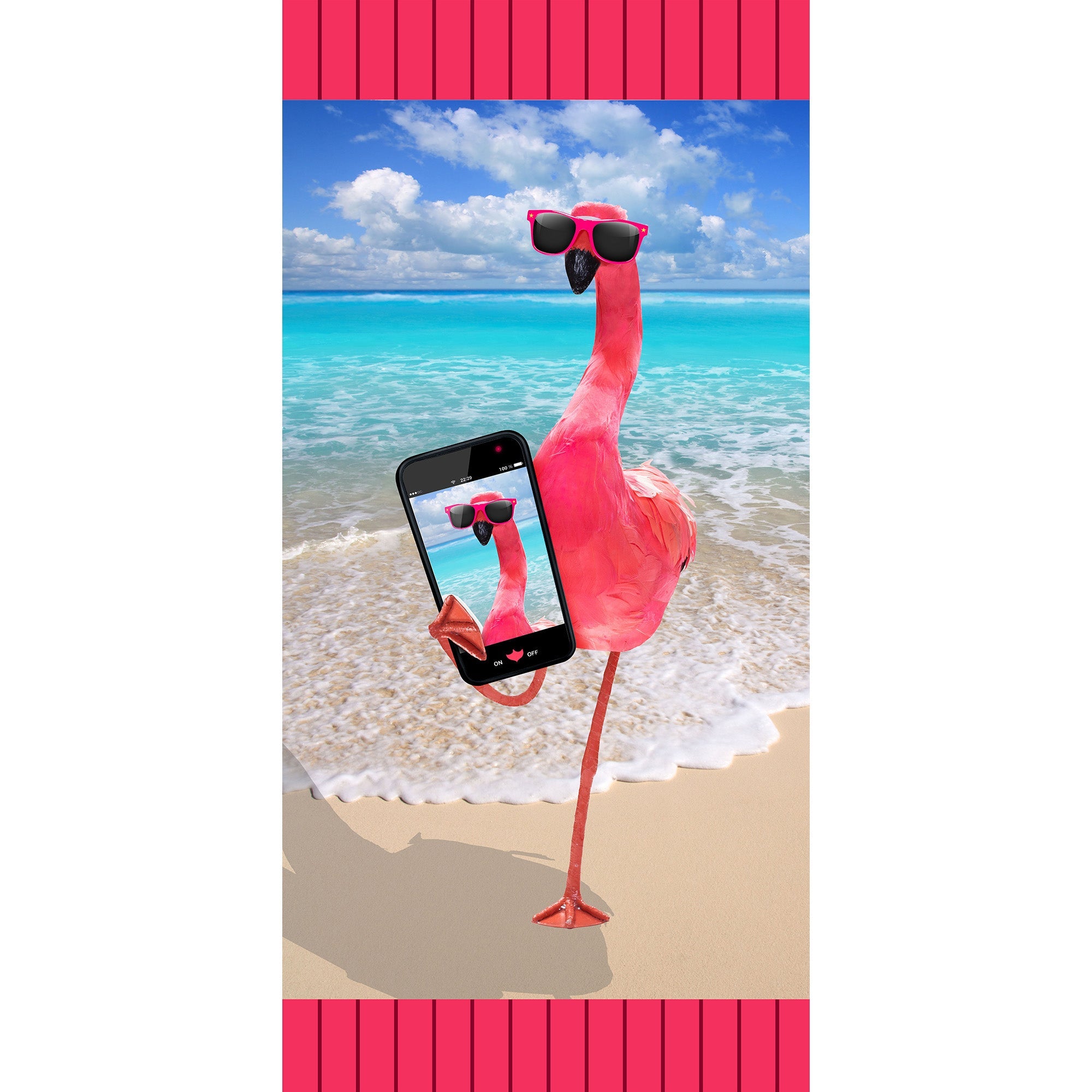 Beach Towel Flamingo Front: 100%  Polyester Backing: 100% Cotton 28x58in  71x147cm