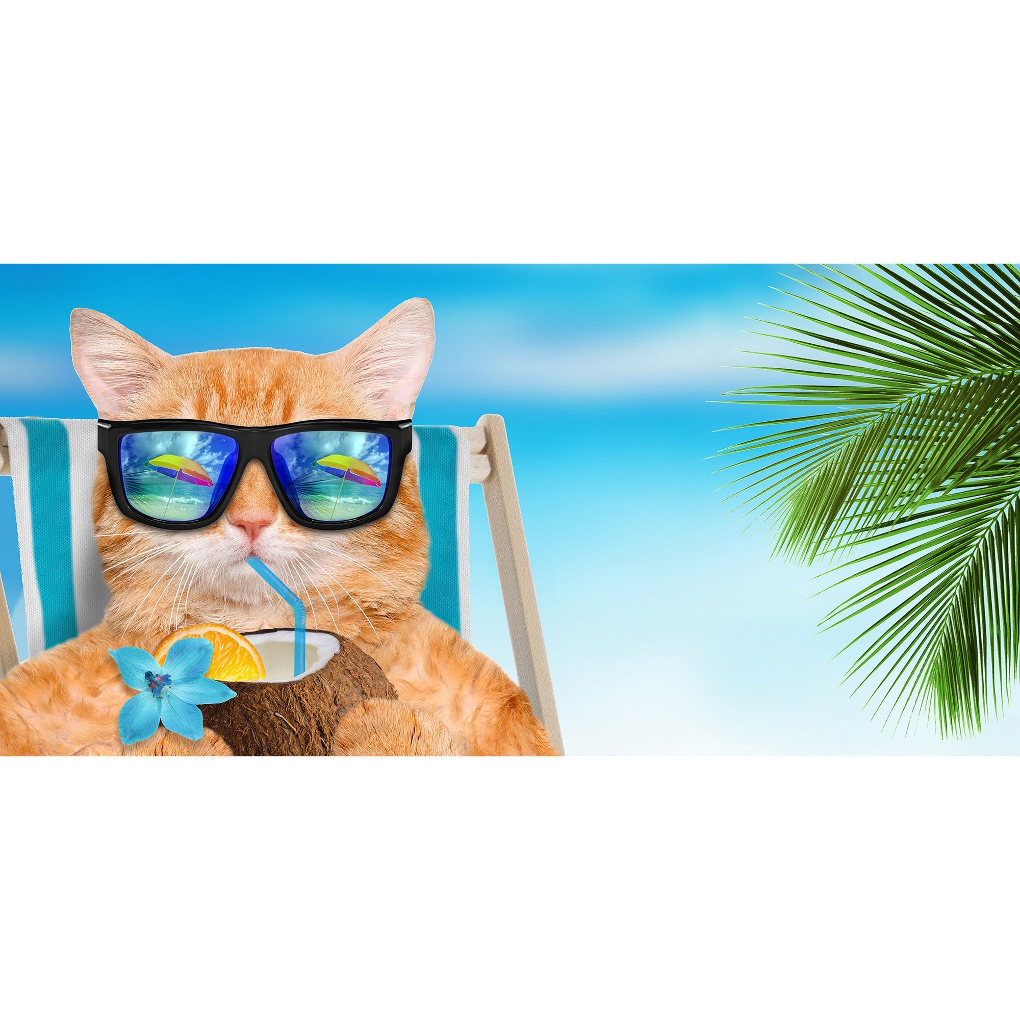 Beach Towel Cat and Coconut Front: 100%  Polyester Backing: 100% Cotton 28x58in  71x147cm