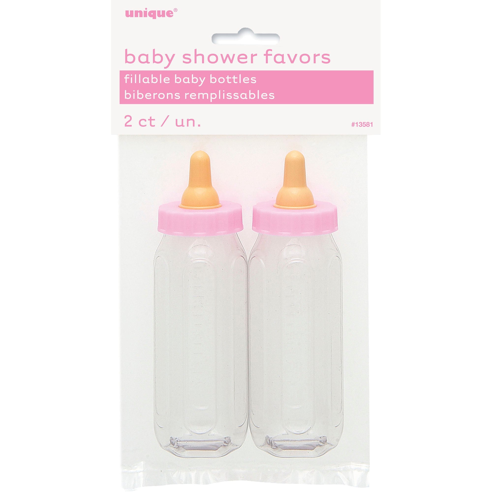 Baby Shower 2 Fillable Pink Plastic Baby Bottles 5in