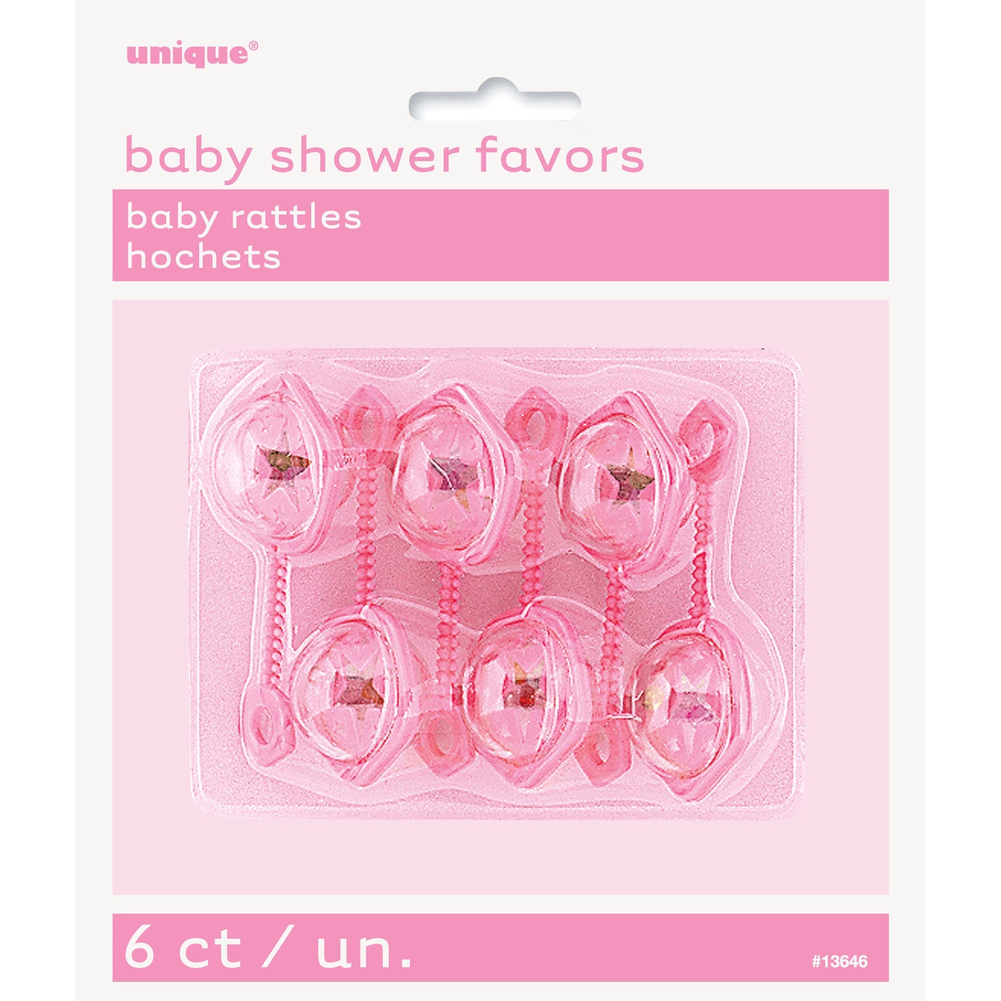 Baby Shower 6 Pink Plastic Baby Rattles 2.5in 