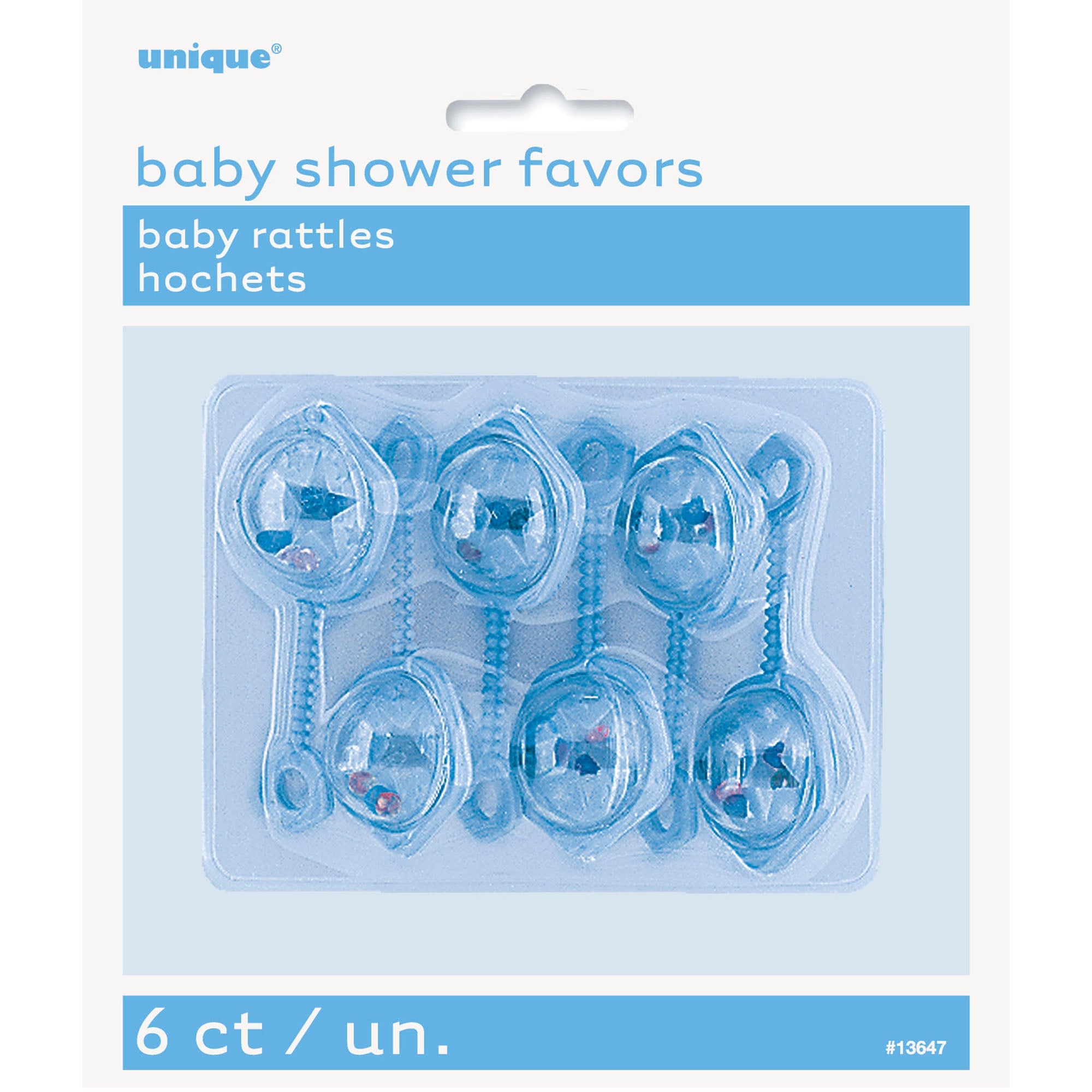 Baby Shower 6 Blue Plastic Baby Rattles 2.5in 