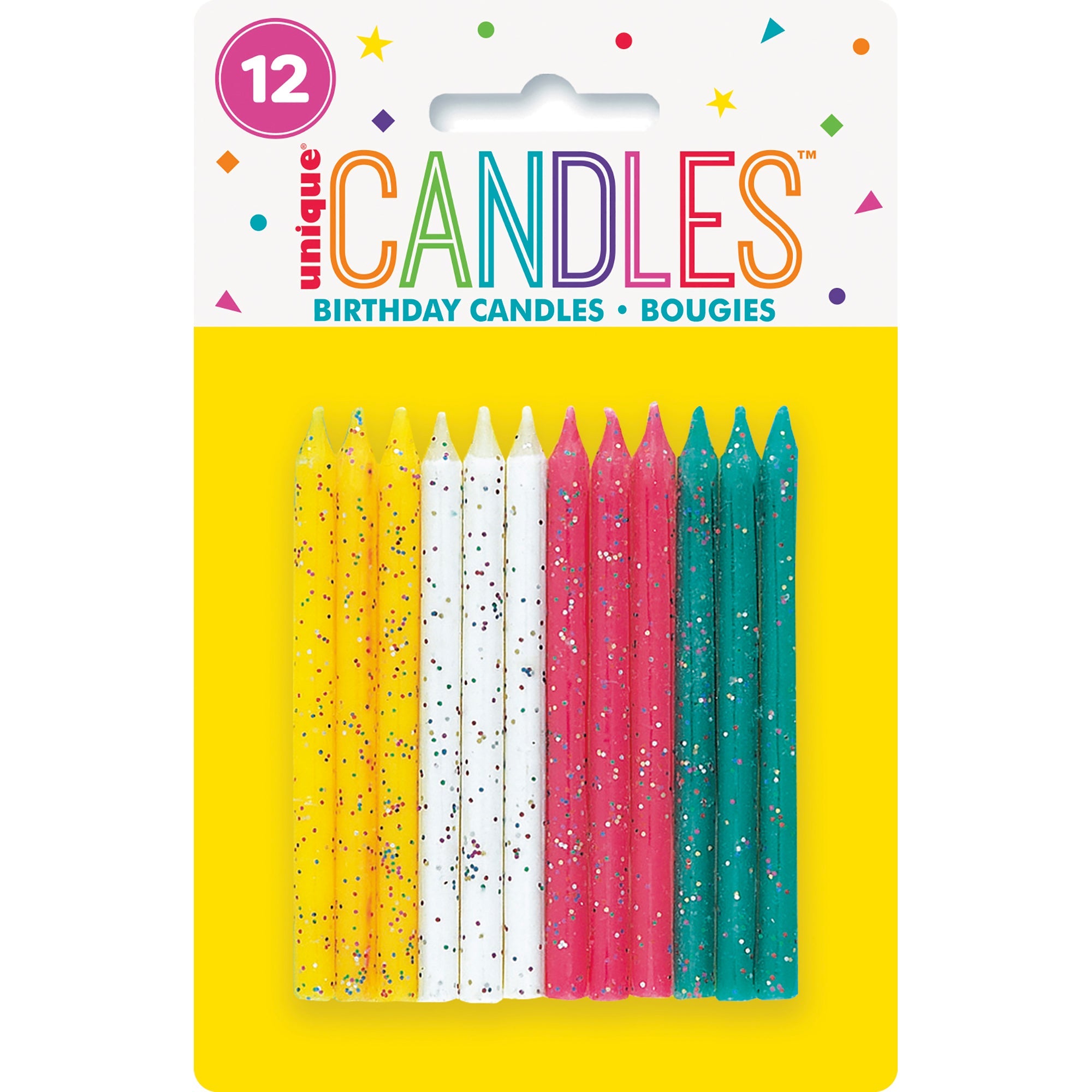 12 Birthday Candles Multi Color Glitter 3in