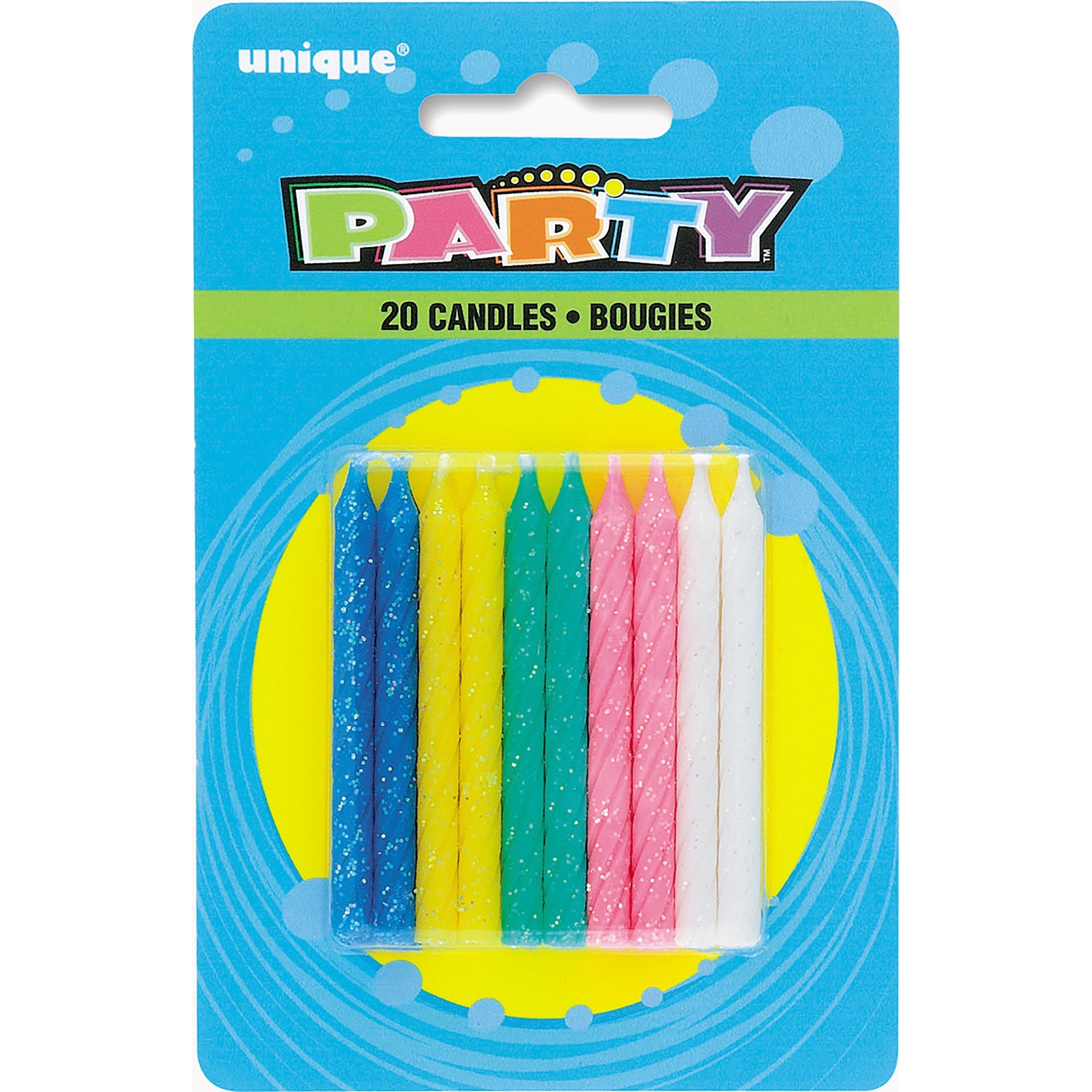 20 Birthday Candles Spiral Multi Color Glitter 2.5in