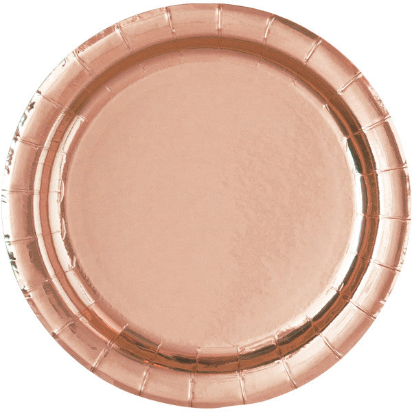 8 Round Paper Plates Metallic Rose Gold 9in