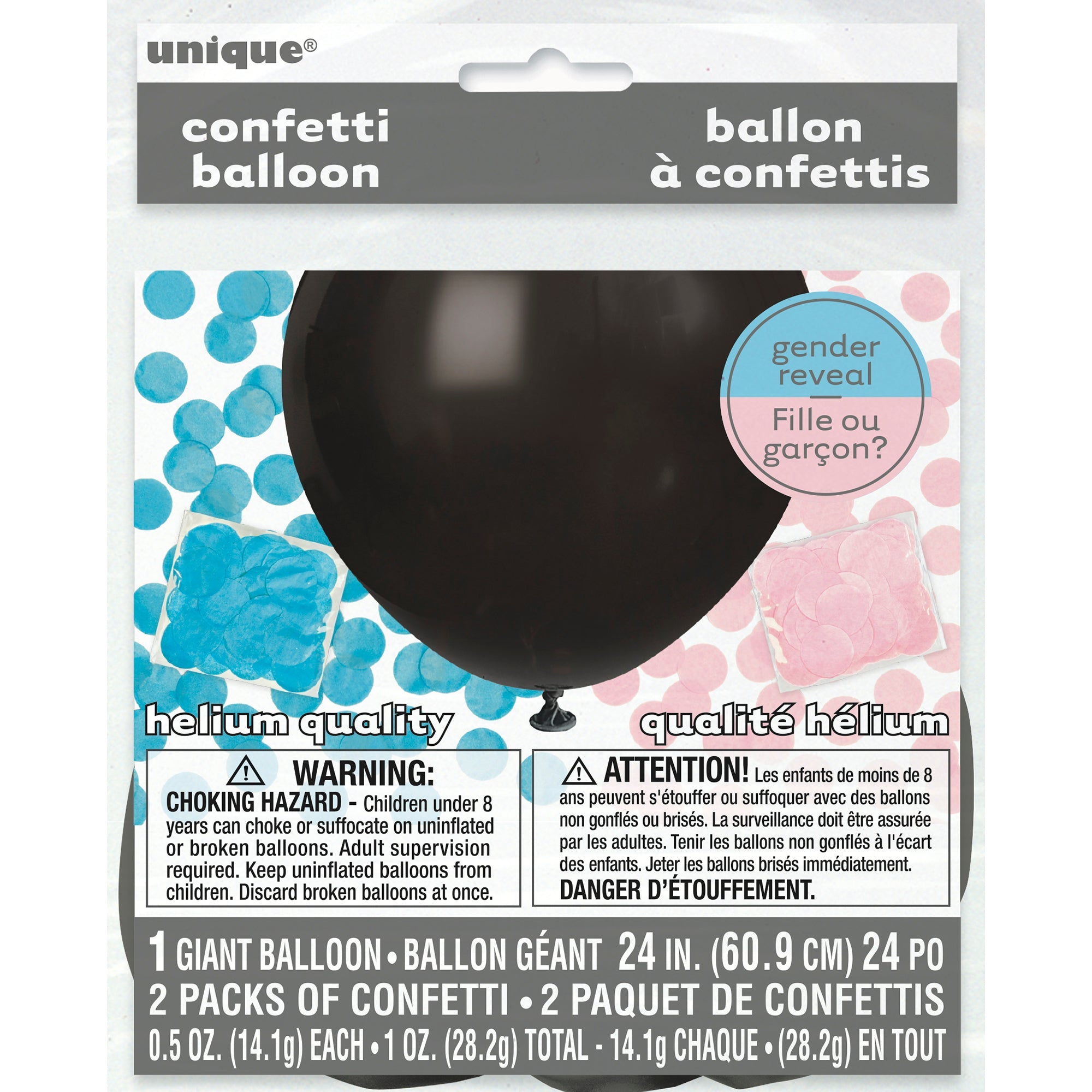 Black Balloon with Pink & Blue Confetti 24in