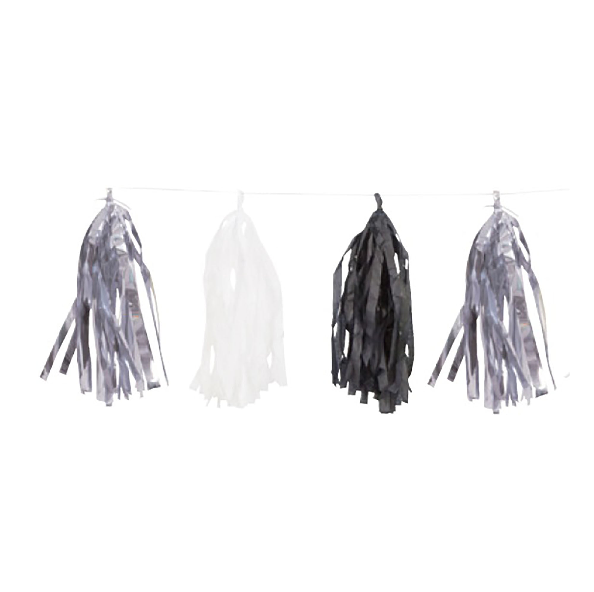 Foil Tassel Garland Black White and Silver 9ft Contains 15 Tassels