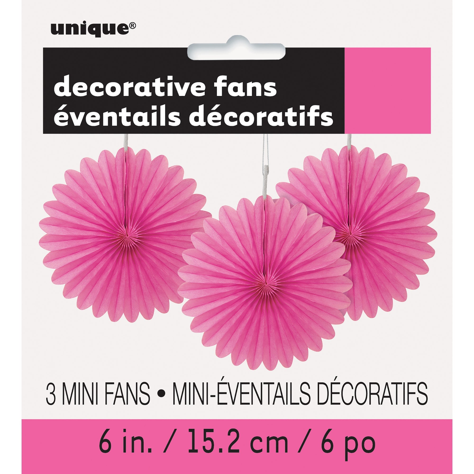3 Mini Decorative Fans Hot Pink Tissue 6in