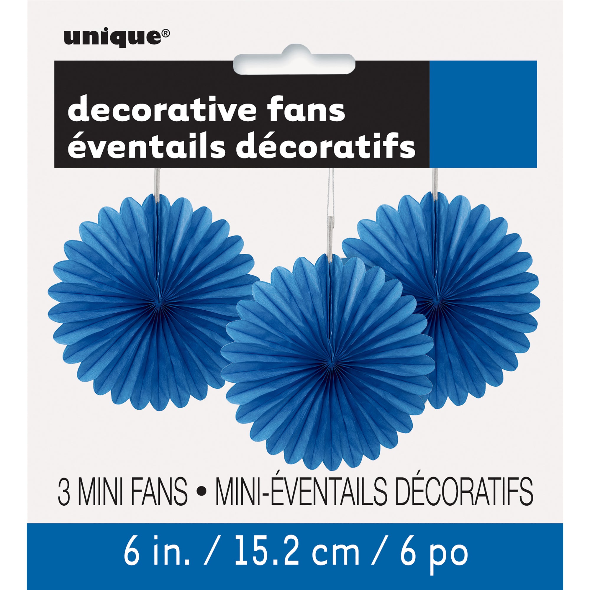 3 Mini Decorative Fans Royal Blue Tissue 6in