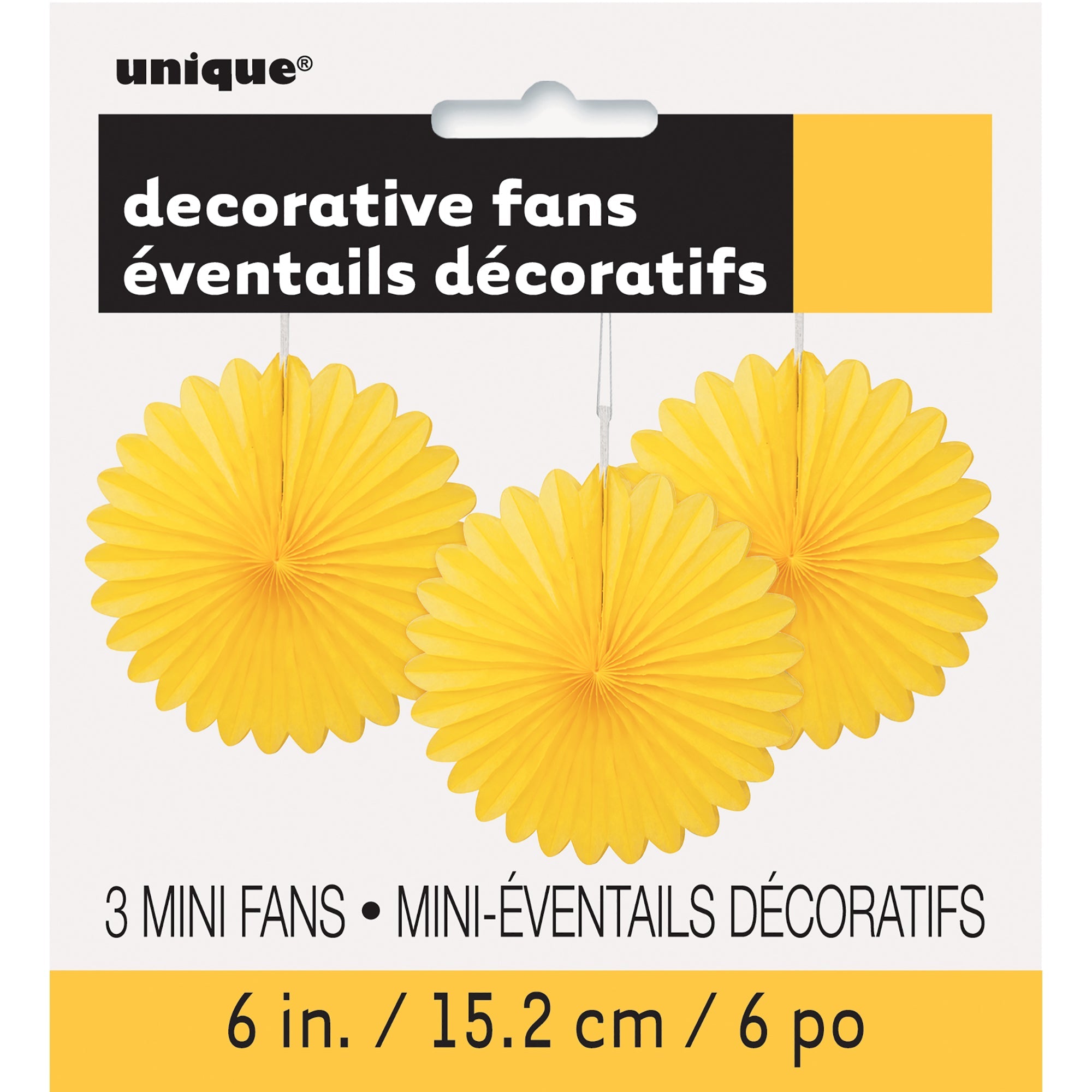 3 Mini Decorative Fans Yellow Tissue 6in