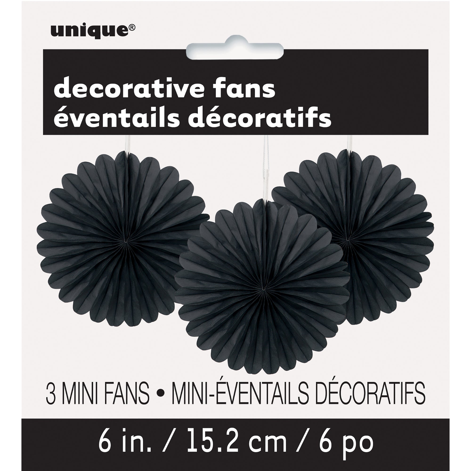 3 Mini Decorative Fans Black Tissue 6in