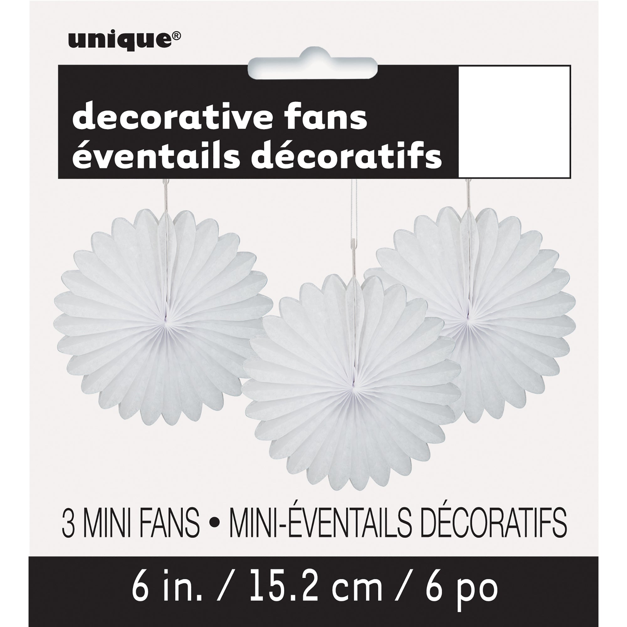 3 Mini Decorative Fans White Tissue 6in