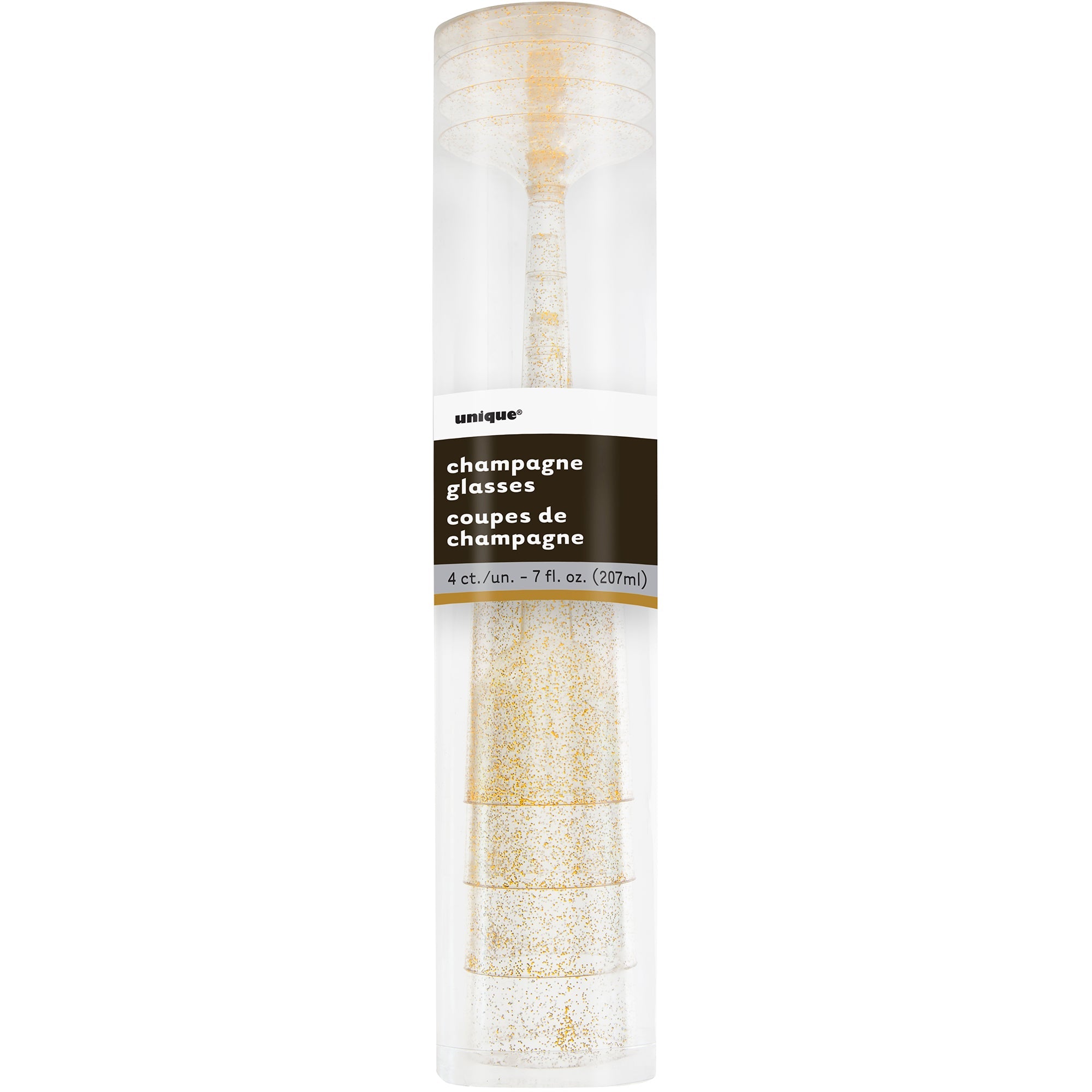 4 Gold Glitter Plastic Champagne Flutes