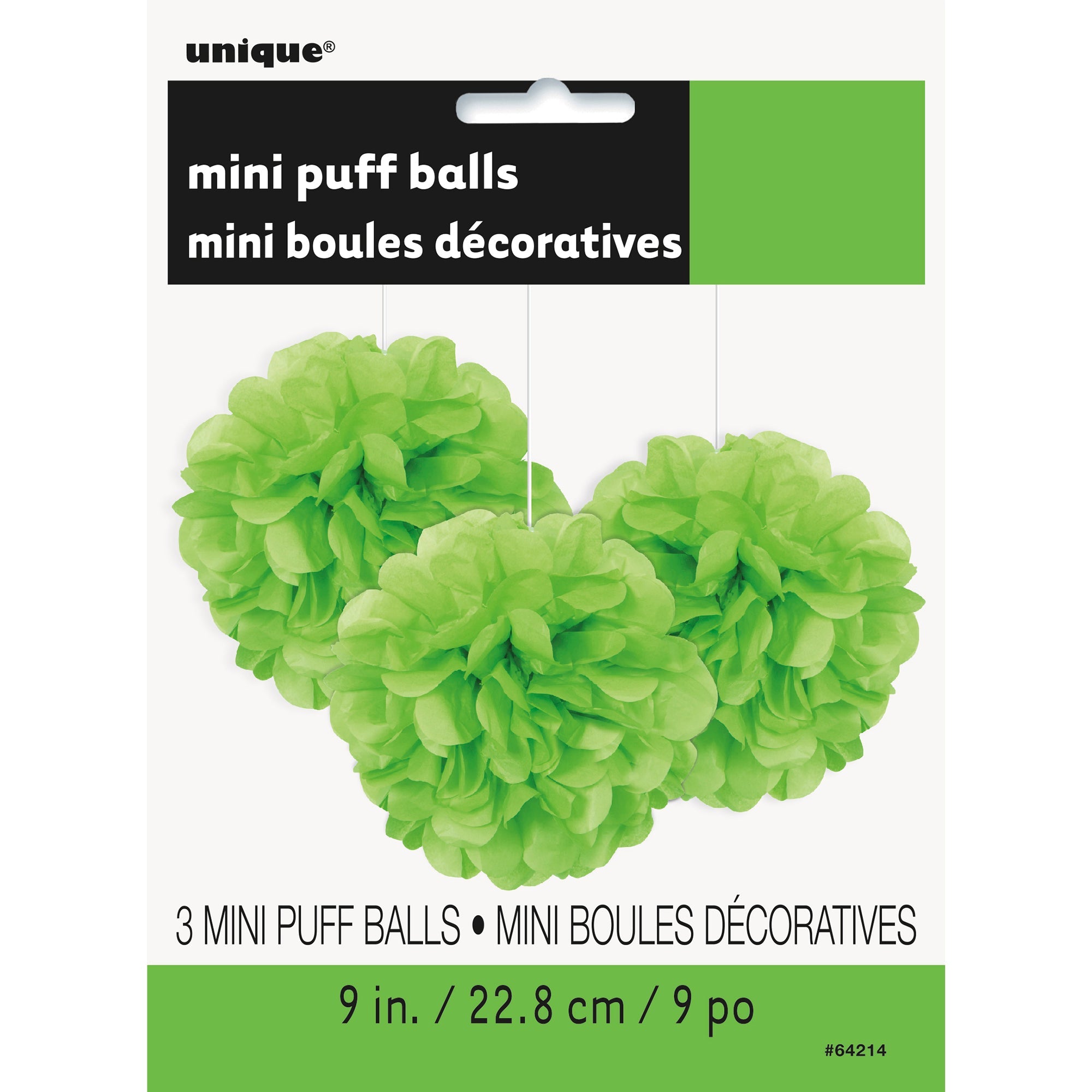3 Mini Puff Balls Lime Green Tissue 9in