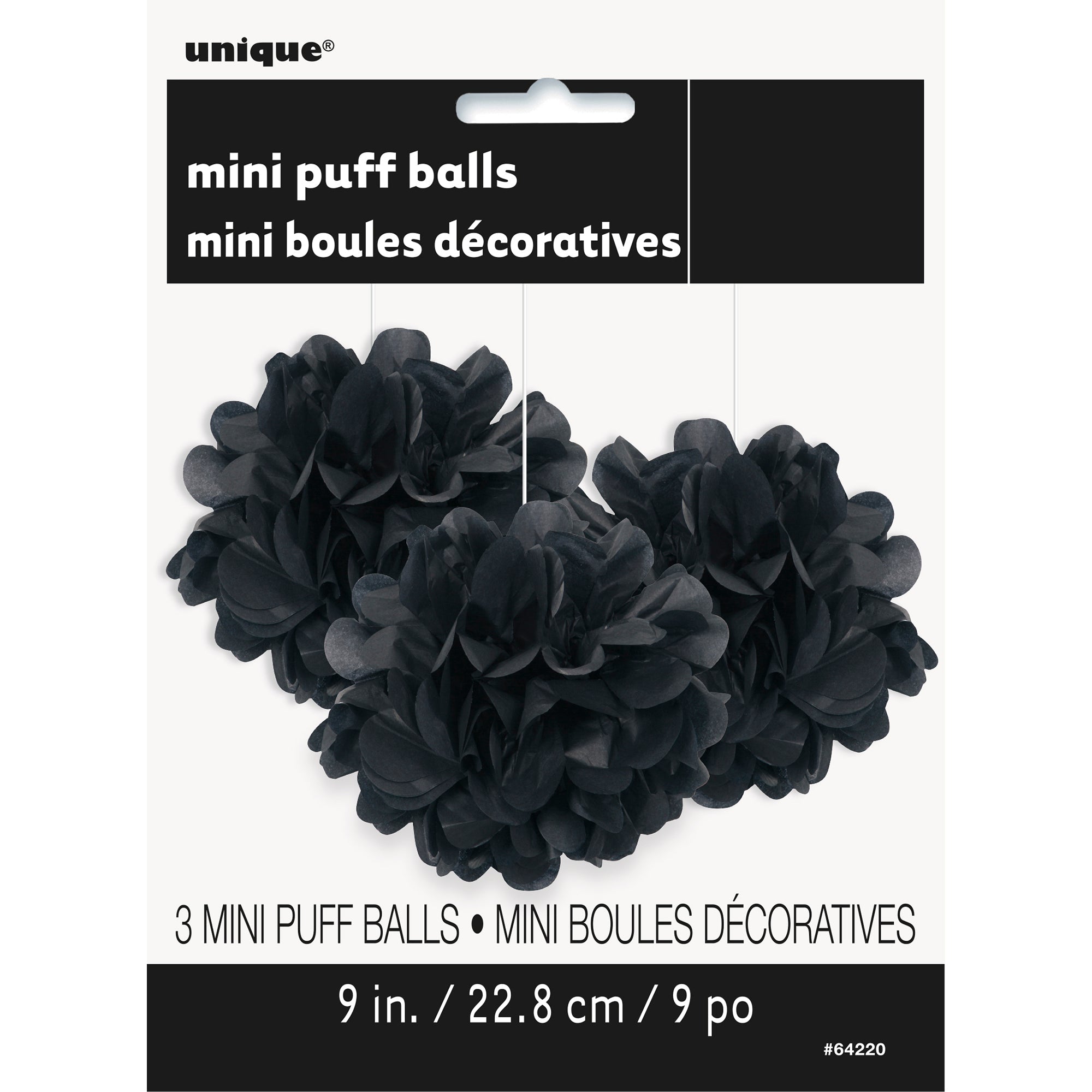 3 Mini Puff Balls Black Tissue 9in