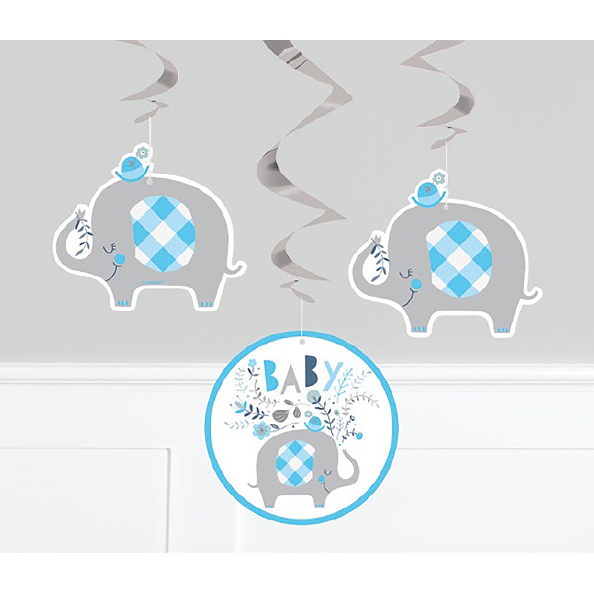 Blue Elephant 3 Hanging Swirl Decorations 26in