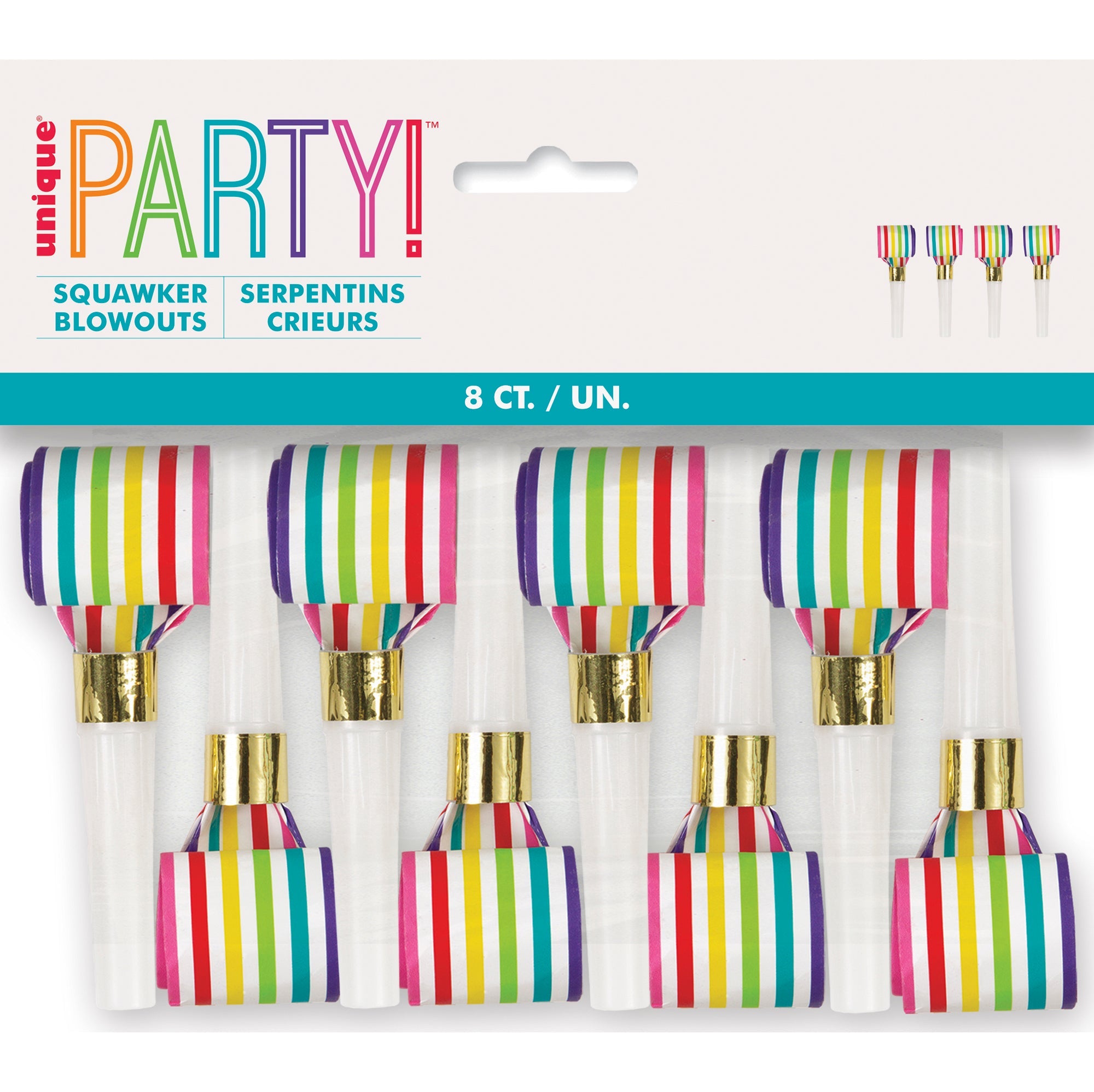 8 Rainbow Striped Squawker Blowouts 3.5in Unrolled