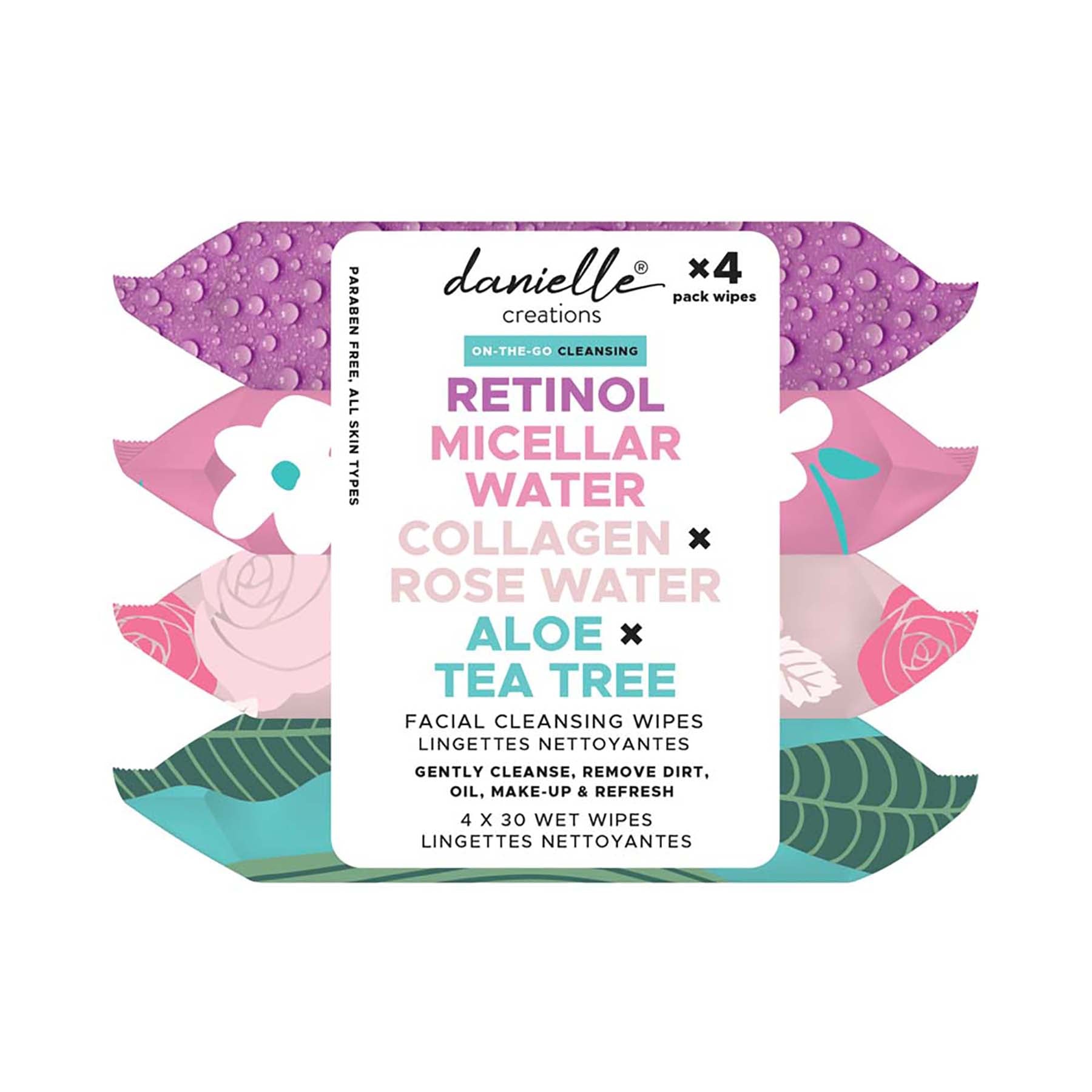 Danielle Creations 4 Pack Facial Cleansing Wipes - Retinol-Micellar Water-Collagen Rosewater-Aloe & TeaTree